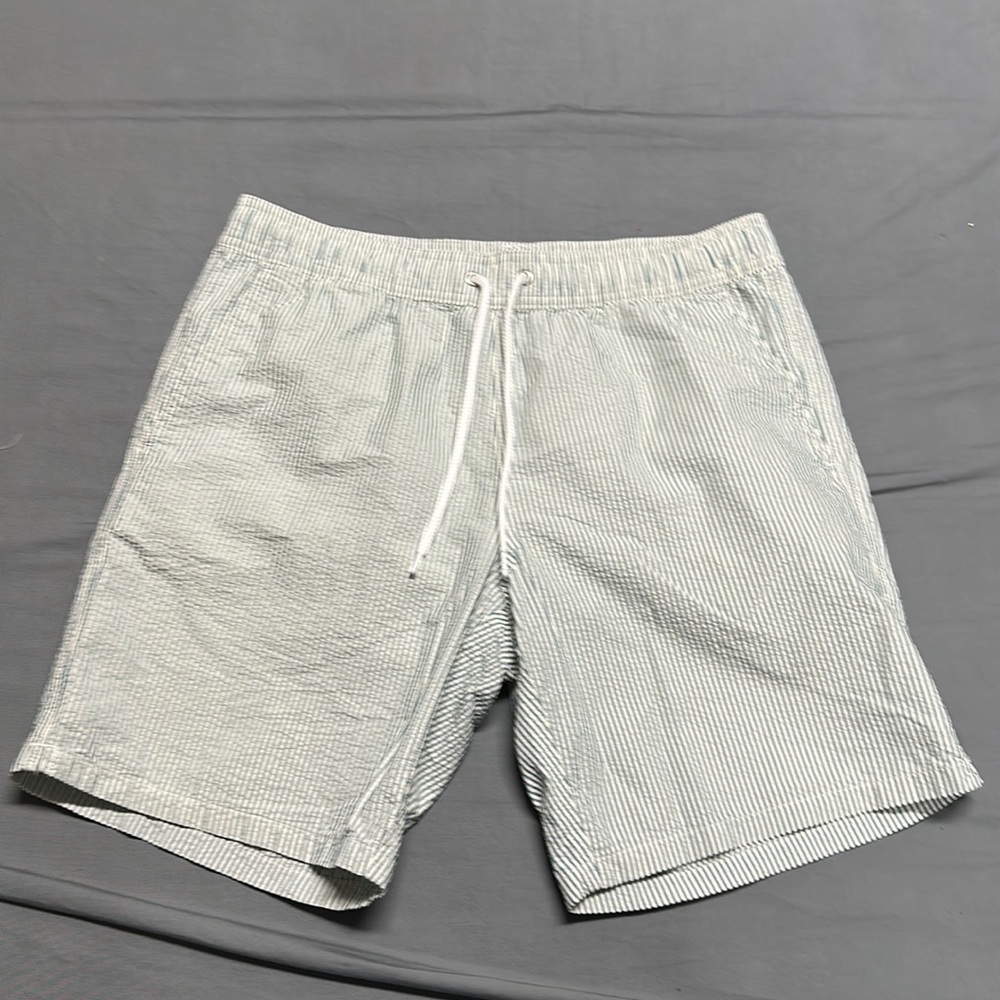 J. Crew, men's blue striped mesh lined, swim trunks blue white shorts